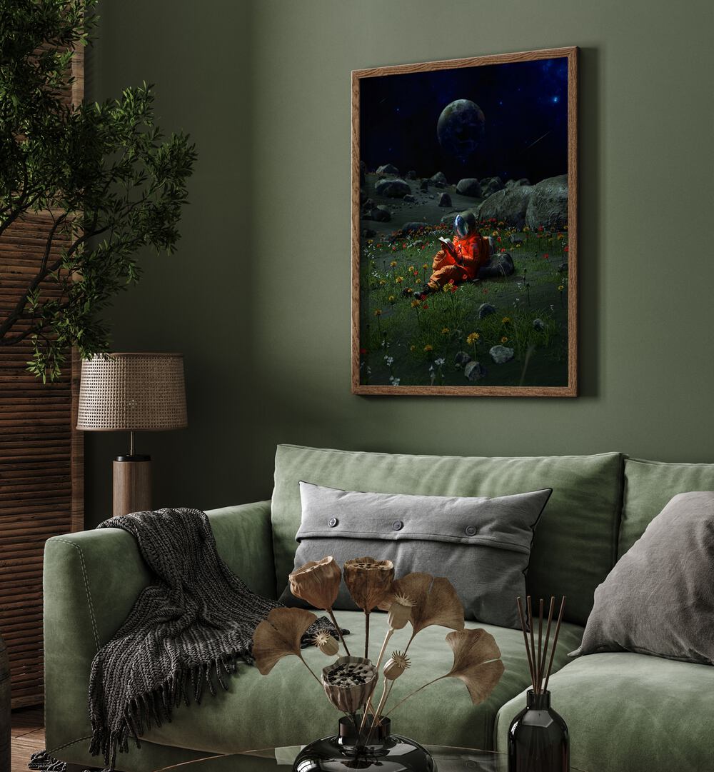 Chapter IX By Francis Minoza Astronaut & Nasa Paintings, Space Art Prints Artwork in Oak Wood Plain Frame placed on a Green Wall near a COLOR Sofa in the Living room