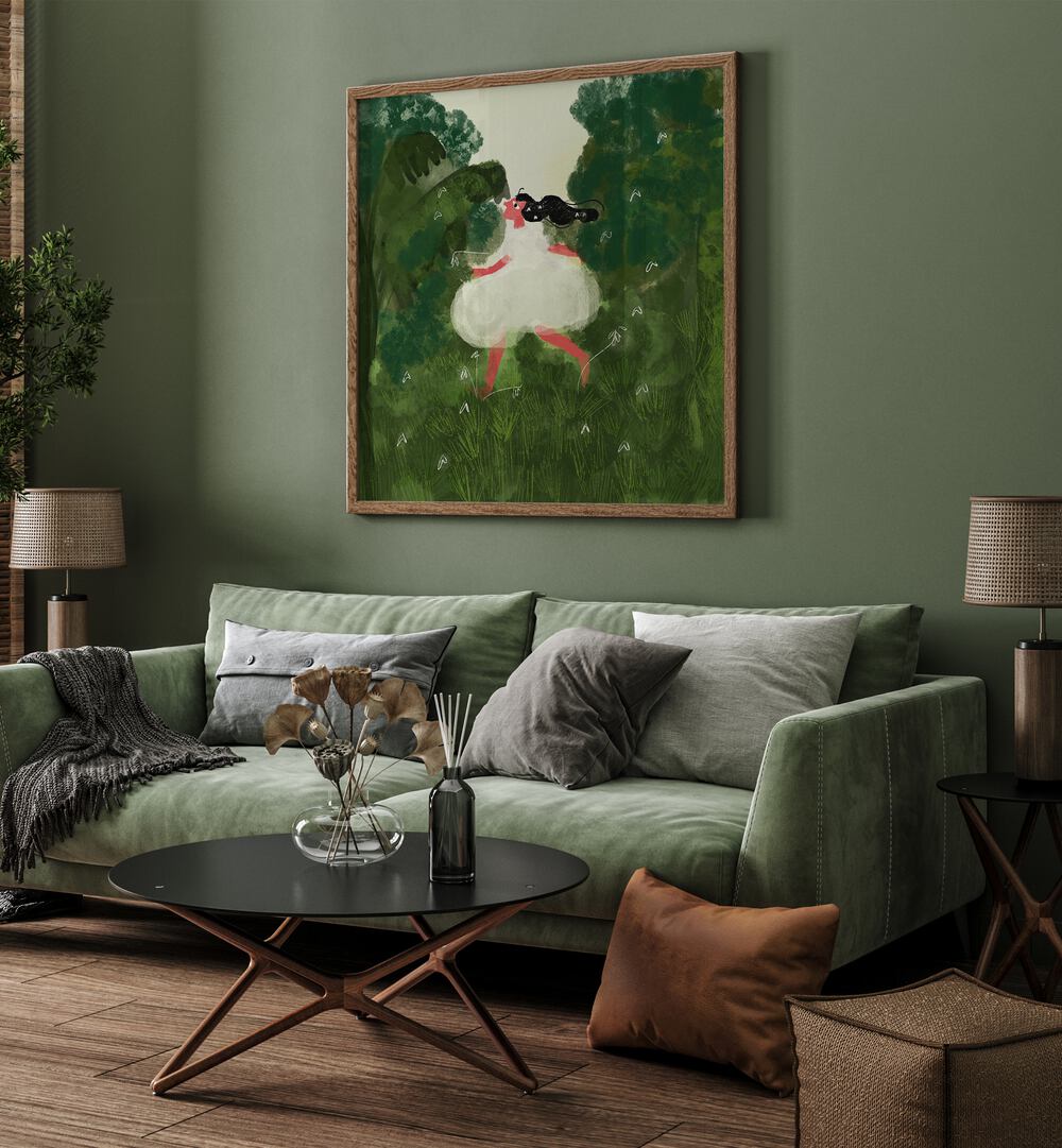 Chasing Butterflies By Shreya Roy Chowdary, Indian Art Paintings Artwork in Oak Wood Plain Frame placed on a Green Colored Wall near a Green Sofa in the Living Room