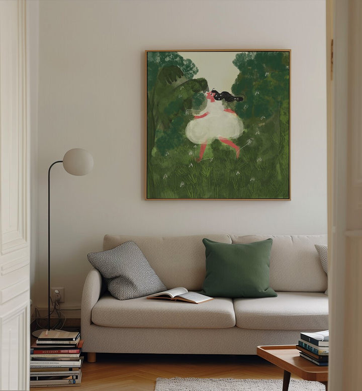 Chasing Butterflies By Shreya Roy Chowdary, Indian Art Paintings Artwork in Oak Wood Floater Frame placed on a Cream Colored Wall near a Beige Sofa in the Living Room