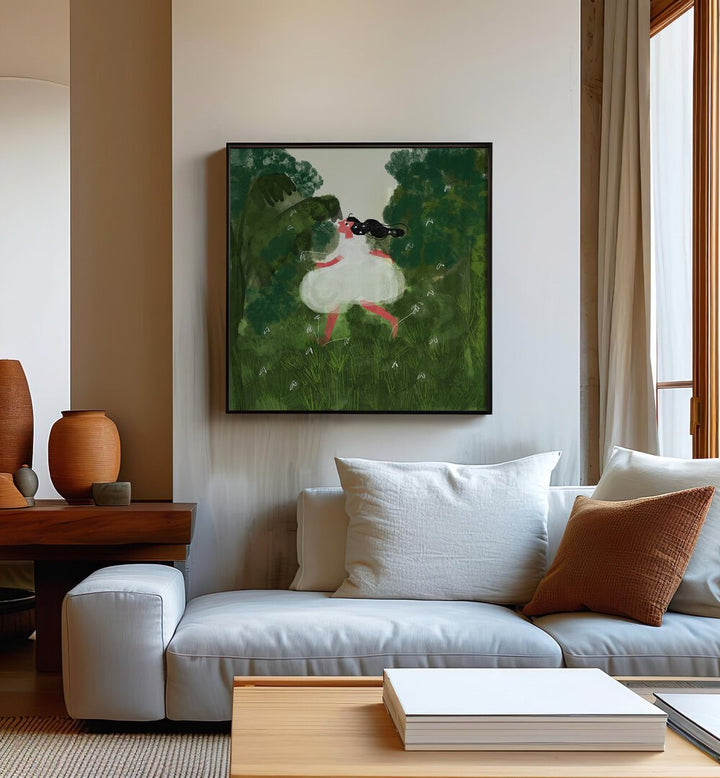 Chasing Butterflies By Shreya Roy Chowdary, Indian Art Paintings Artwork in Black Plain Frame placed on a Cream Colored Wall near a White Sofa in the Living Room