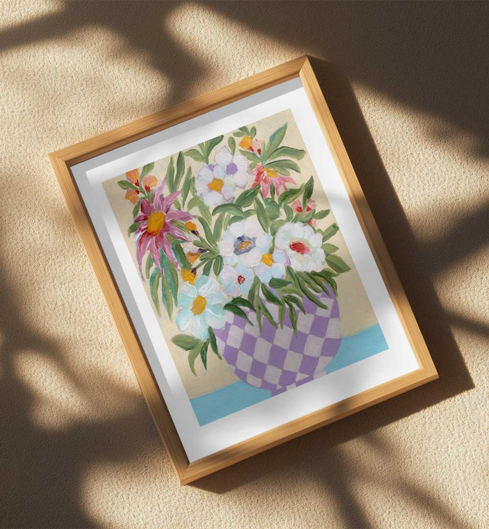 CHECKERD POT , FLORAL FLOWER PAINTINGS