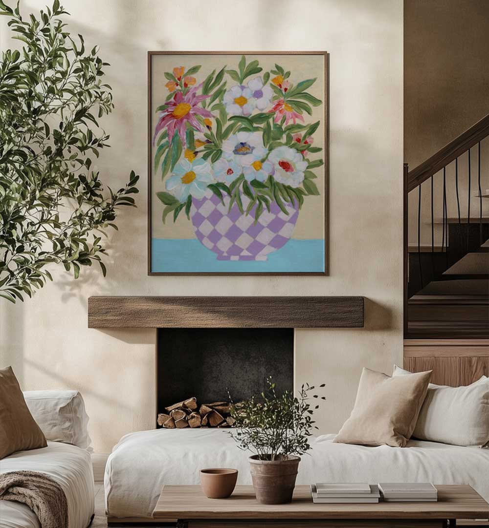 CHECKERD POT , FLORAL FLOWER PAINTINGS