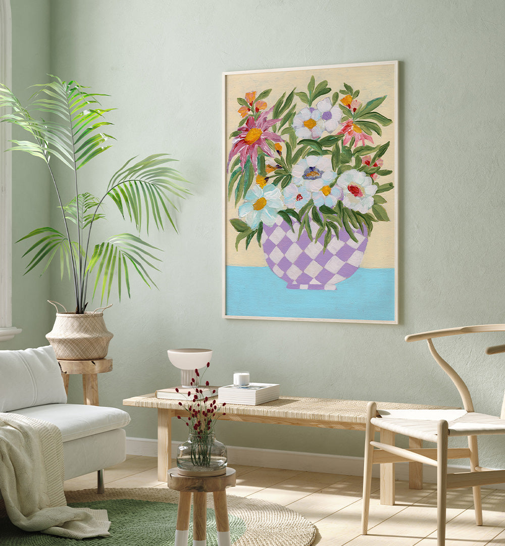 CHECKERD POT , FLORAL FLOWER PAINTINGS