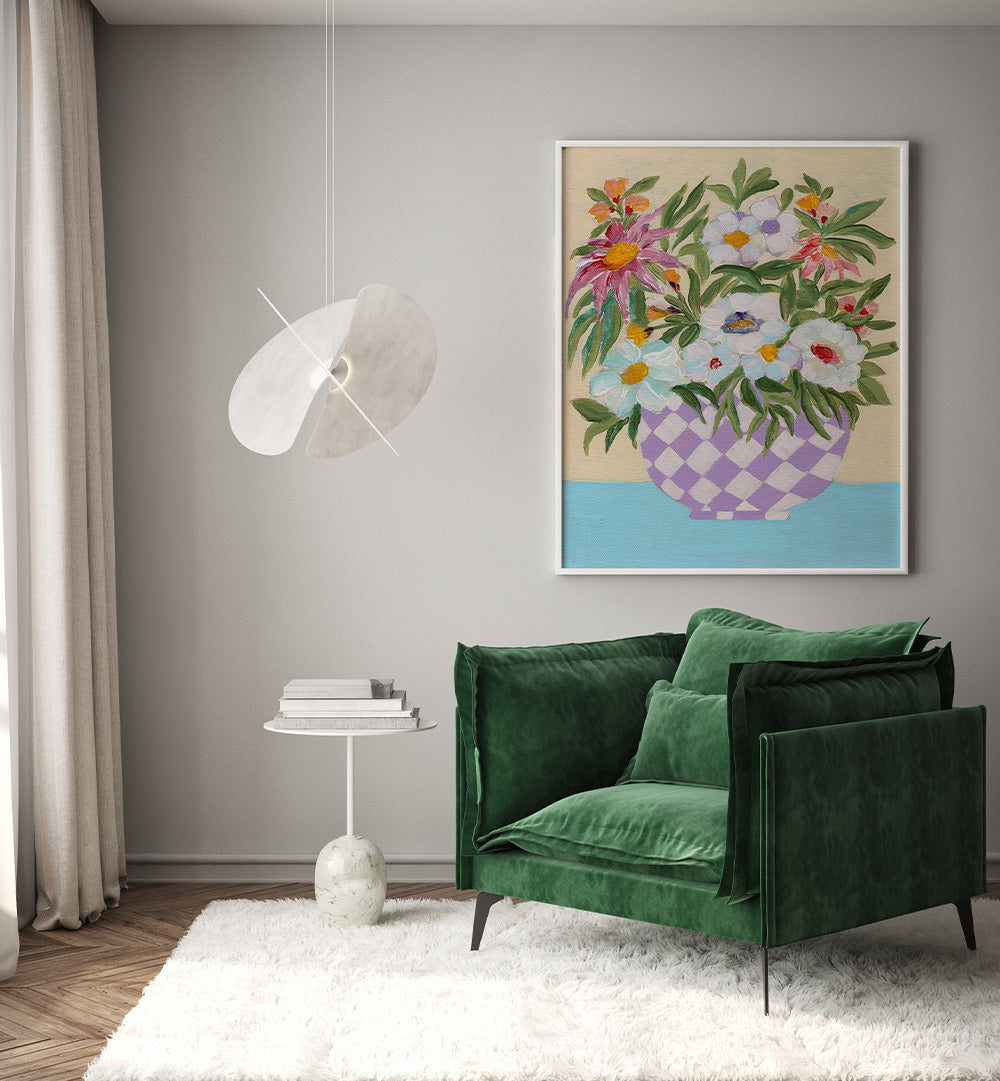 CHECKERD POT , FLORAL FLOWER PAINTINGS