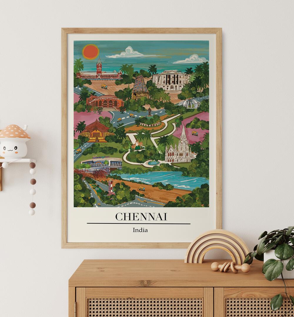 Colorful CHENAI, TRAVEL POSTERS by Saumya Agarwal, showcasing the vibrant charm of Chennai’s coastal beauty.