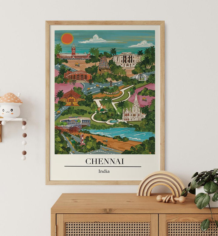 Colorful CHENAI, TRAVEL POSTERS by Saumya Agarwal, showcasing the vibrant charm of Chennai’s coastal beauty.