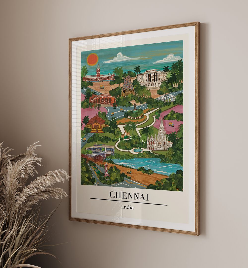 Chennai travel poster by Saumya Agarwal captures the city's coastal charm, perfect for decor lovers. CHENAI, TRAVEL POSTERS.