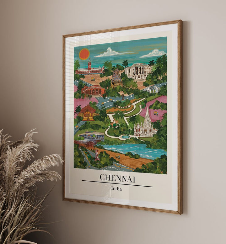 Chennai travel poster by Saumya Agarwal captures the city's coastal charm, perfect for decor lovers. CHENAI, TRAVEL POSTERS.