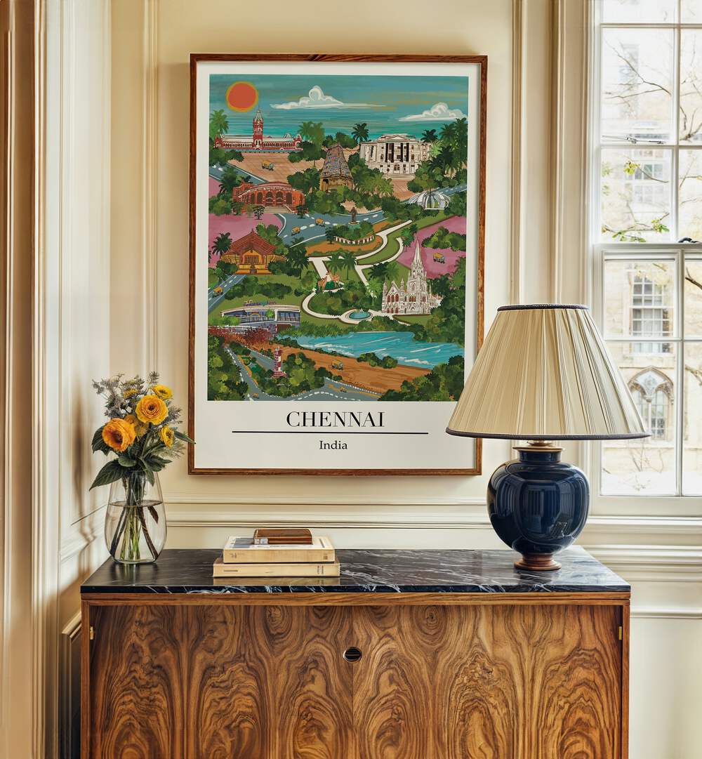 Chennai travel poster showcasing the city's charm, illustrated by Saumya Agarwal, perfect for decor enthusiasts.