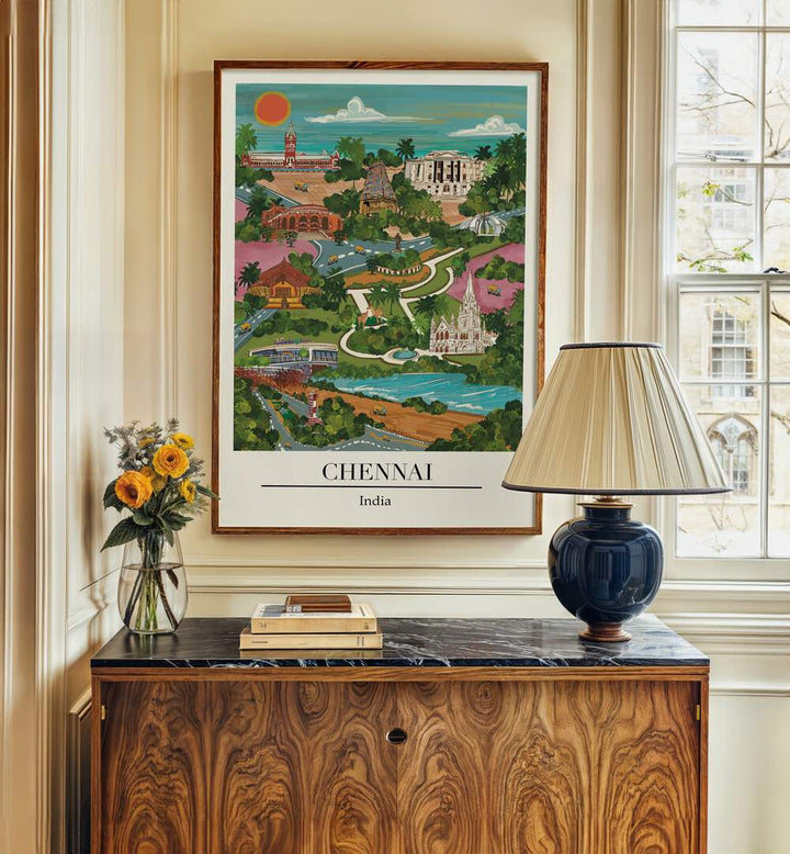 Chennai travel poster showcasing the city's charm, illustrated by Saumya Agarwal, perfect for decor enthusiasts.