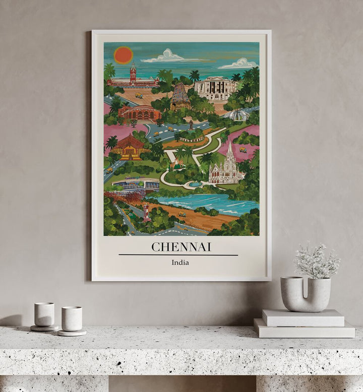 Chennai Travel Posters by Saumya Agarwal showcase the vibrant charm of Tamil Nadu's capital city in stunning detail.