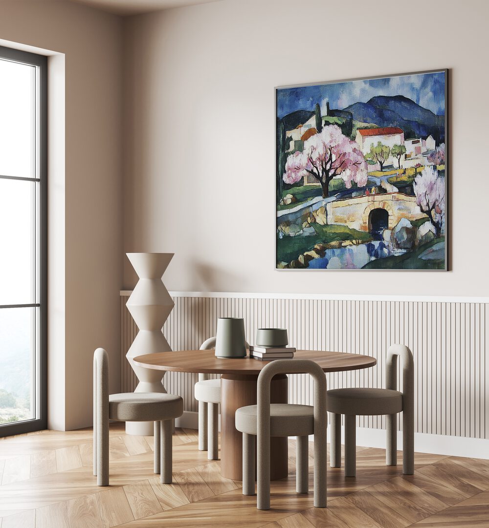 Elegant dining space featuring a beautiful artwork of CHERRY BLOSSOMS, enhancing springtime charm and vibrancy.