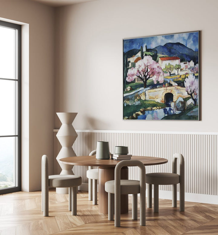 Elegant dining space featuring a beautiful artwork of CHERRY BLOSSOMS, enhancing springtime charm and vibrancy.