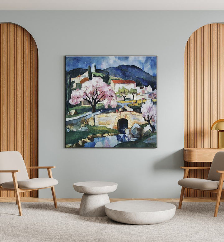Vibrant CHERRY BLOSSOMS artwork enhances a modern living space, showcasing nature's beauty and elegance.