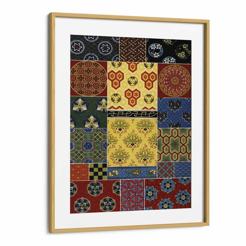 Chinese Japanese Pattern Japanese Art Artwork in Oak Wood Frame With Mount