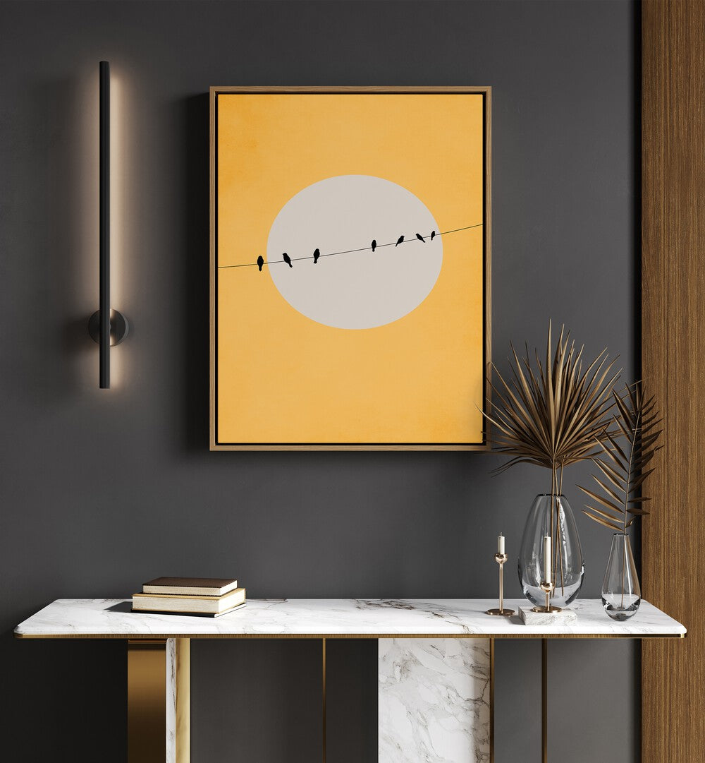 Chirping And Chilling Landscape Art Artwork in Oak Wood Floater Frame Placed on a Dark Grey wall above a console table 