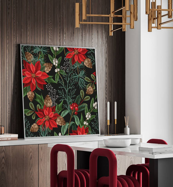 Christmas Poinsettia Flower Botanical art painting Artwork Placed on a Table