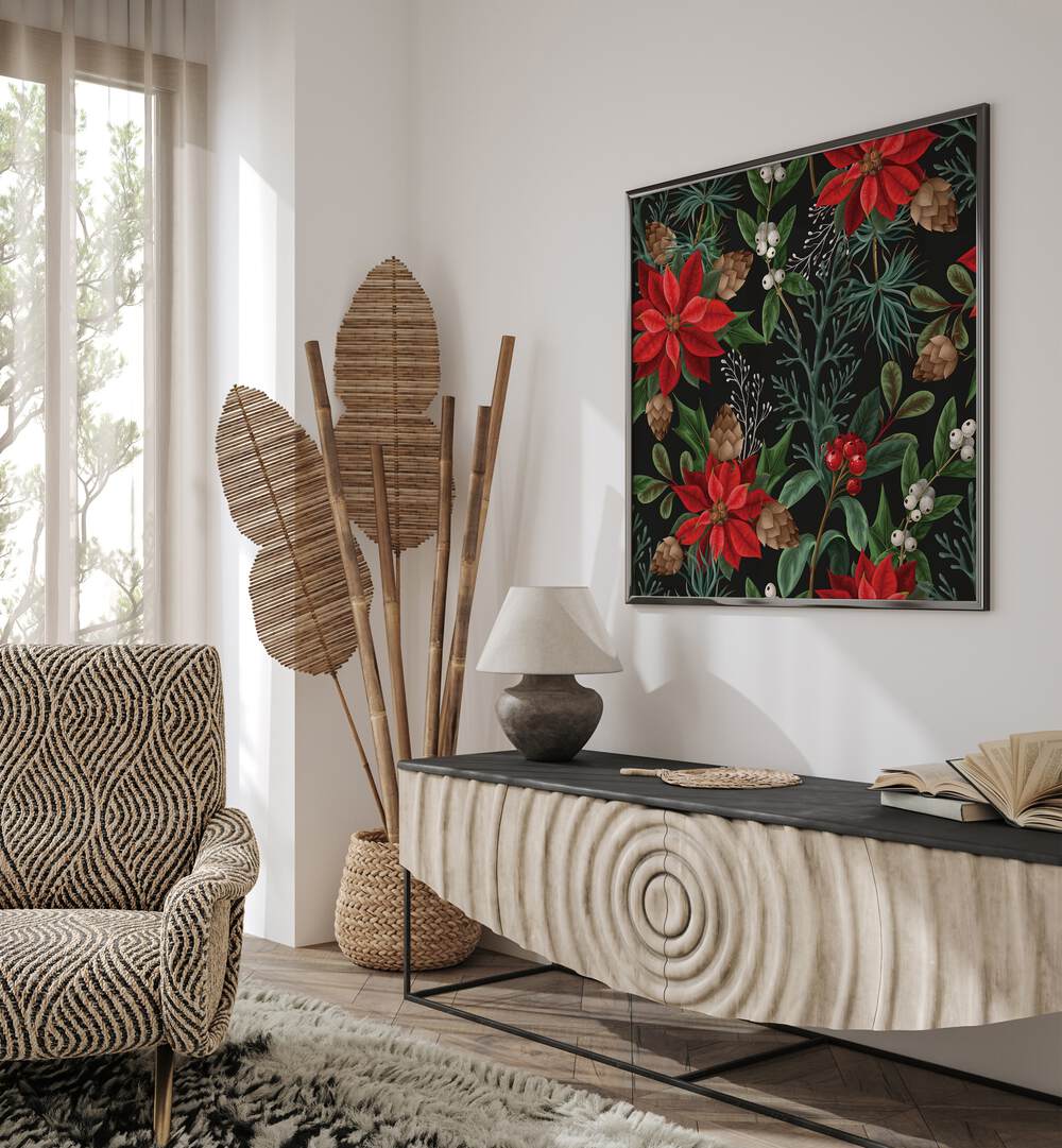 Christmas Poinsettia Flower Botanical art painting Artwork Placed on a wall