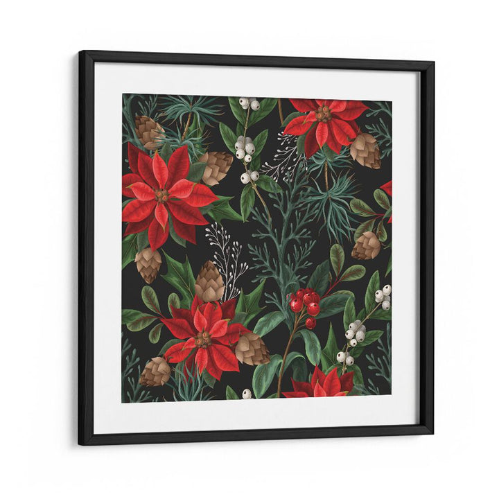 Christmas Poinsettia Flower Botanical Art Print Artwork in Black Frame With Mount