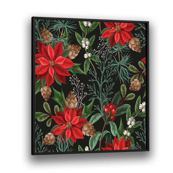 Christmas Poinsettia Flower Botanical Art Print Artwork in Black Plain Frame