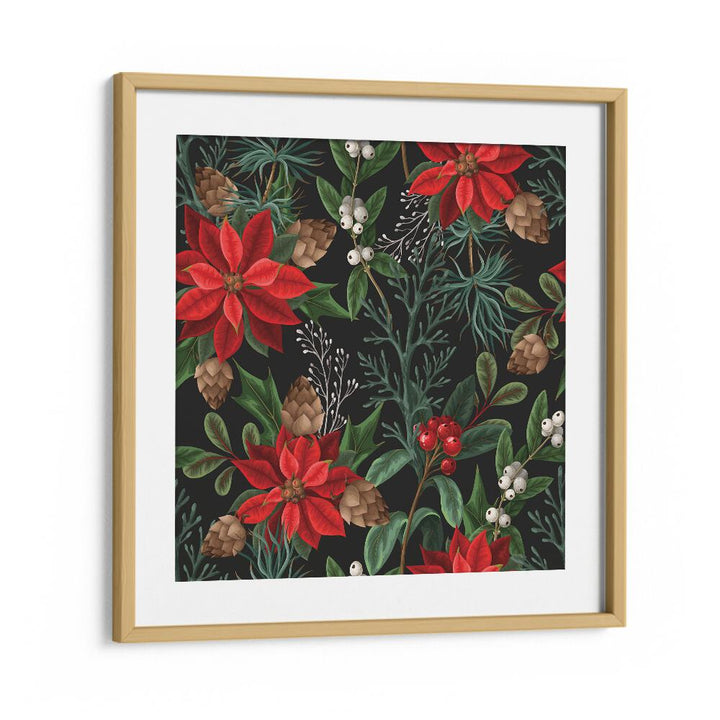 Christmas Poinsettia Flower Botanical Art Print Artwork in Oak Wood Frame With Mount