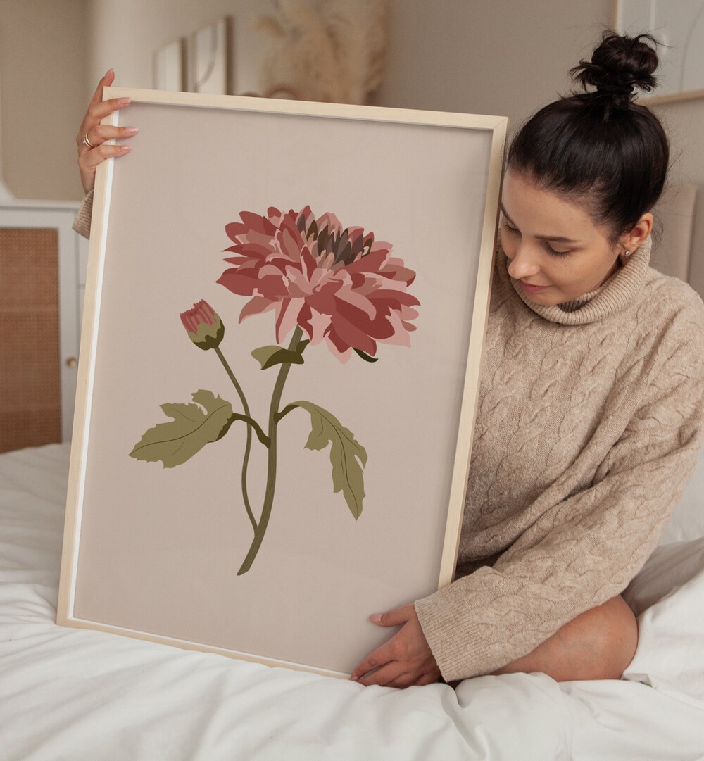 Chrysanthemum Flower  Botanical Flower Paintings Artwork With Lady