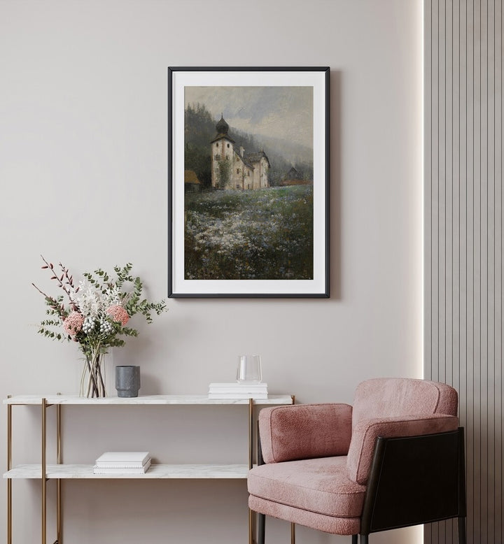 Church On The Hill Vintage Art Painting Artwork in black frame with mount above a white table on a white wall