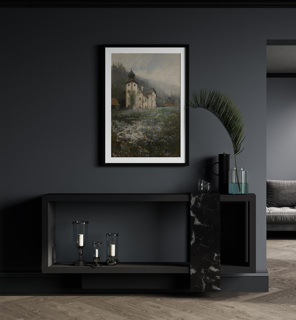 Church On The Hill Vintage Art Painting Artwork in black frame with mount on a black console table 