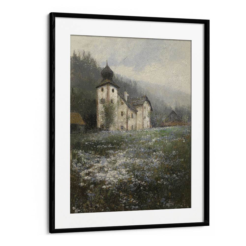 Church On The Hill Vintage Art Artwork in Black Frame With Mount