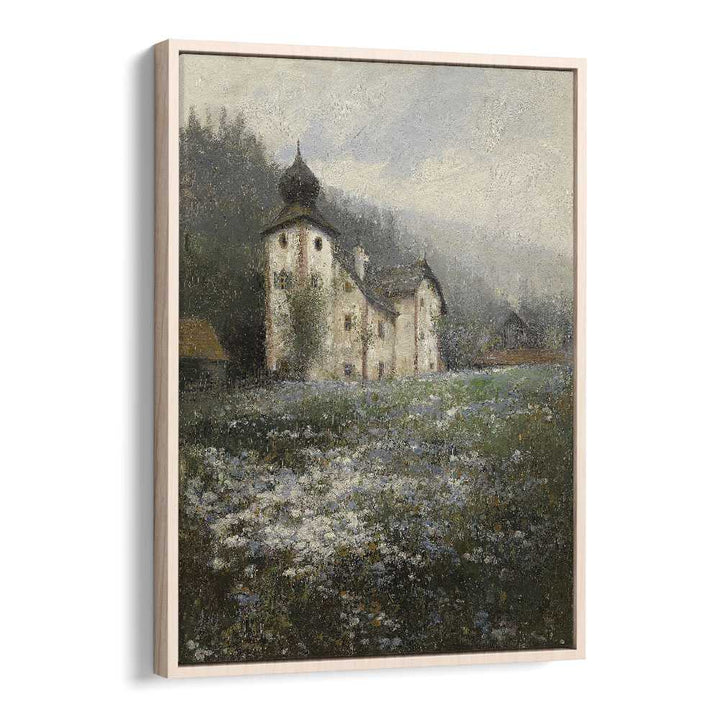 Church On The Hill Vintage Art Artwork in Oak Wood Floater Frame