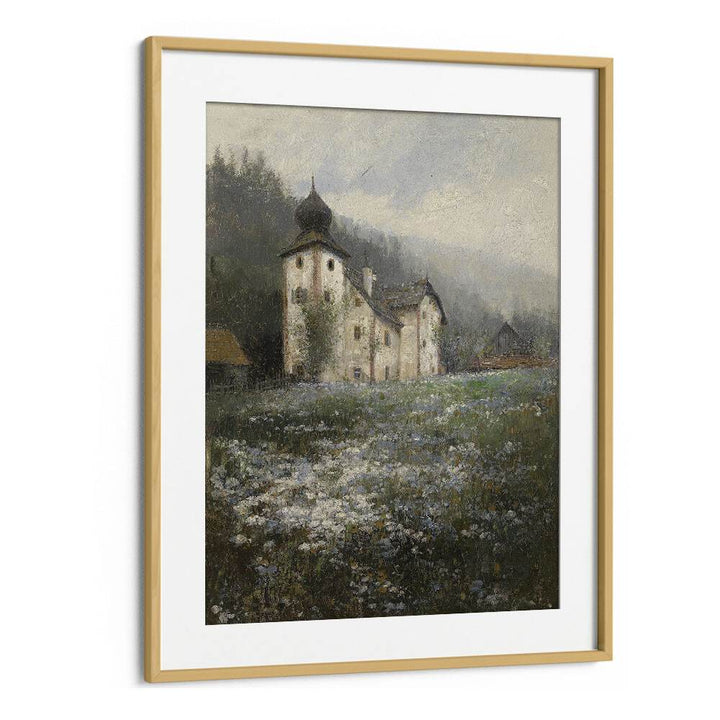 Church On The Hill Vintage Art Artwork in Oak Wood Frame With Mount