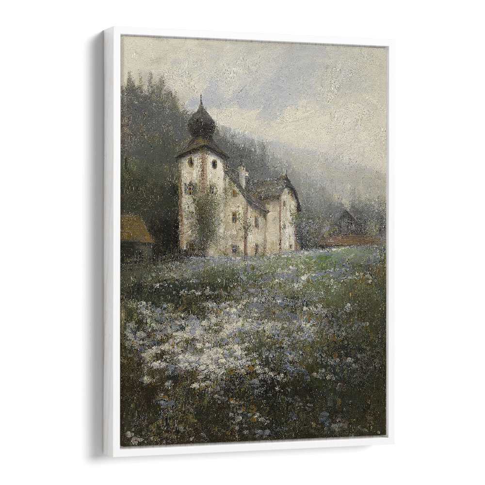 Church On The Hill Vintage art painting Artwork in White Floater Frame