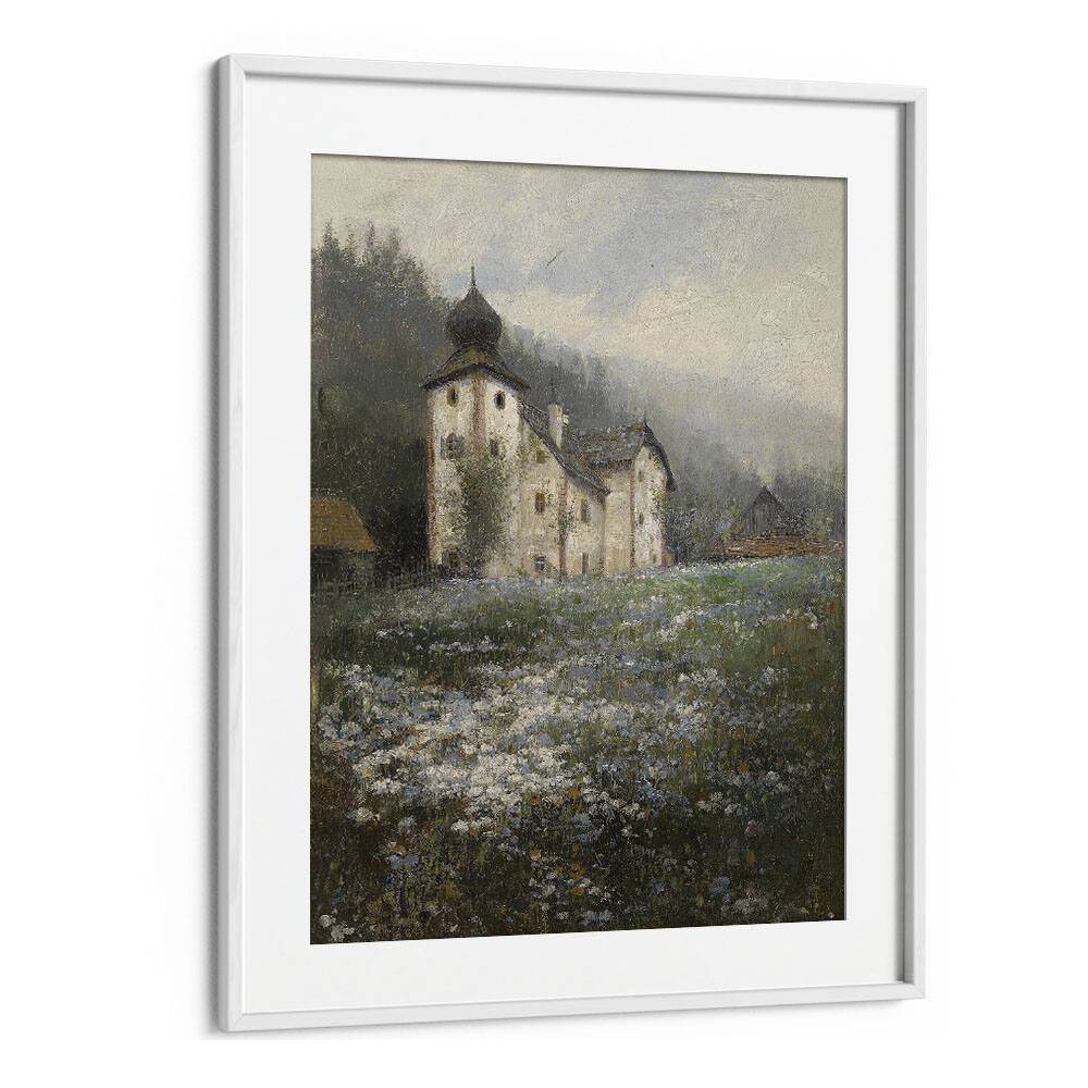 Church On The Hill Vintage Art Artwork in White Frame With Mount