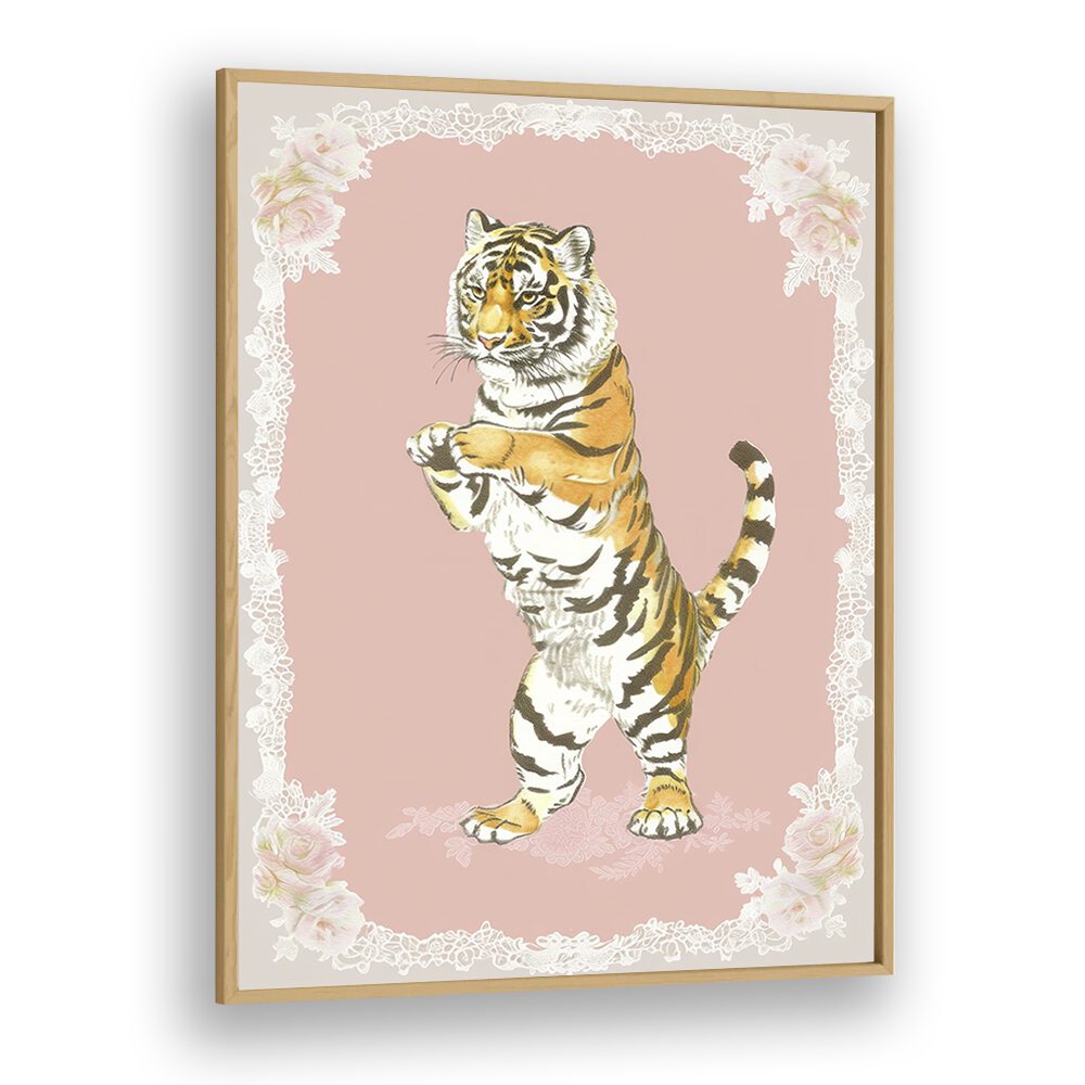 Circus Tiger Kids Art Artwork in Oak Wood Plain Frame
