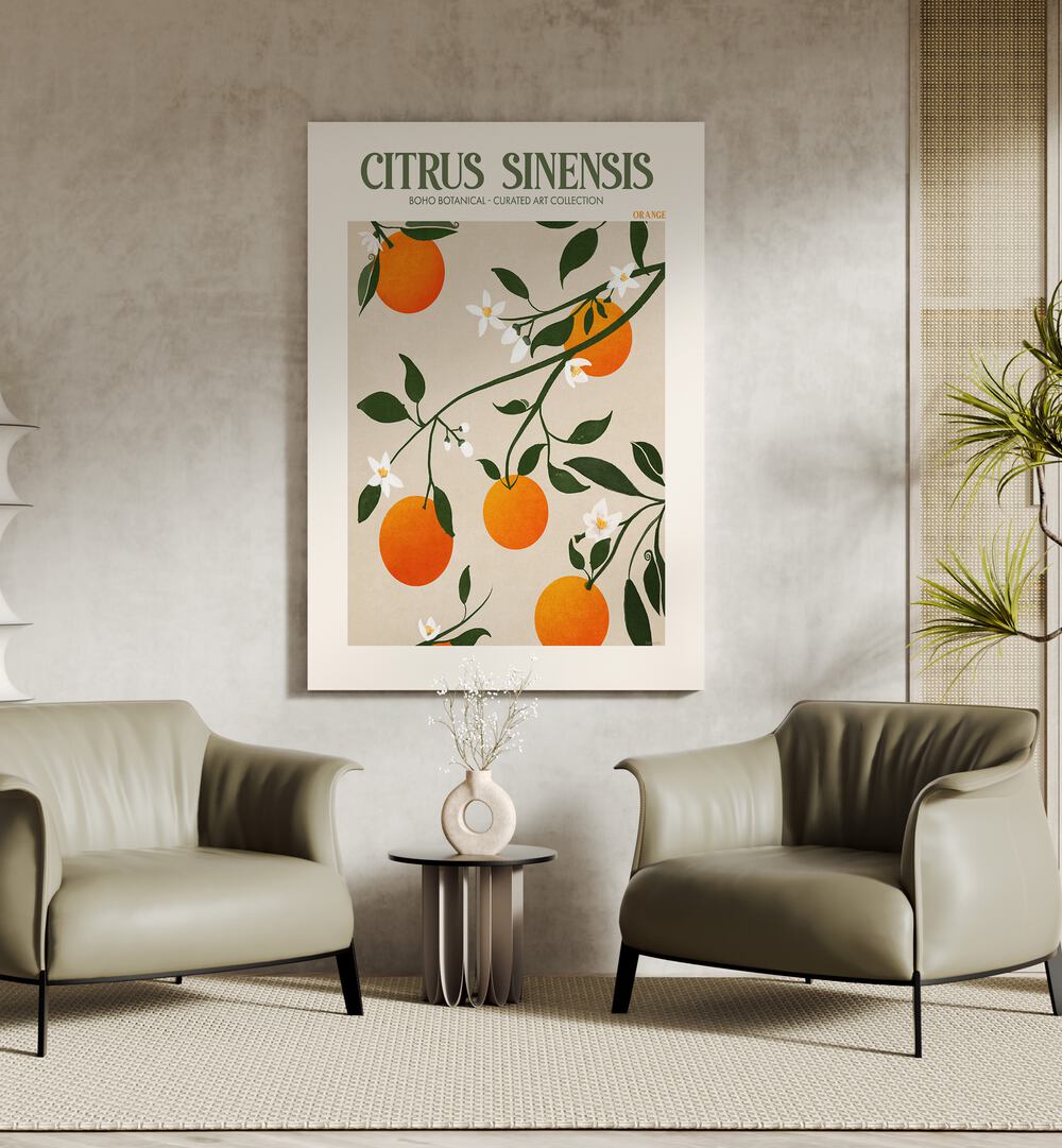 Citrus Sinesis Botanical Flower Paintings Artwork Placed on a wall