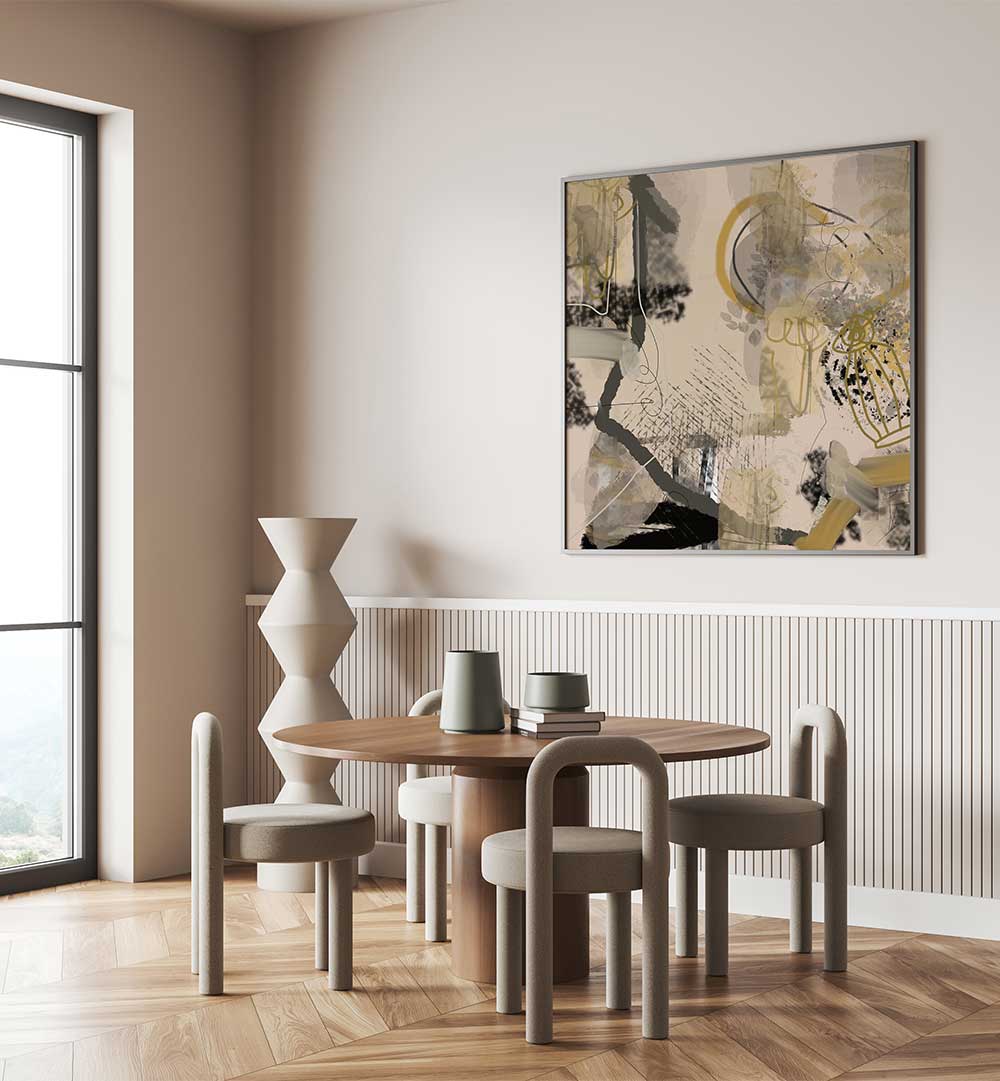 Stylish dining area featuring the captivating CLIMATE ERROR, ABSTRACT PAINTINGS, enhancing modern aesthetics.