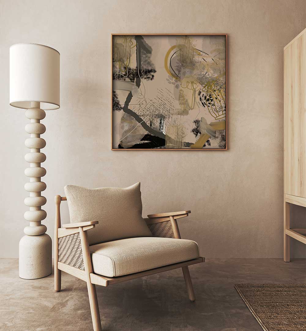 Stylish living room featuring CLIMATE ERROR, ABSTRACT PAINTINGS, enhancing modern aesthetics with captivating art.