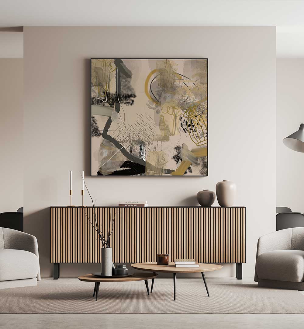 Stylish interior featuring the captivating CLIMATE ERROR, ABSTRACT PAINTINGS that enhance modern aesthetics.
