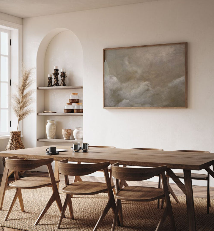 Serene dining space featuring CLOUD, ABSTRACT PAINTINGS that evoke calm with soft hues and textured details.