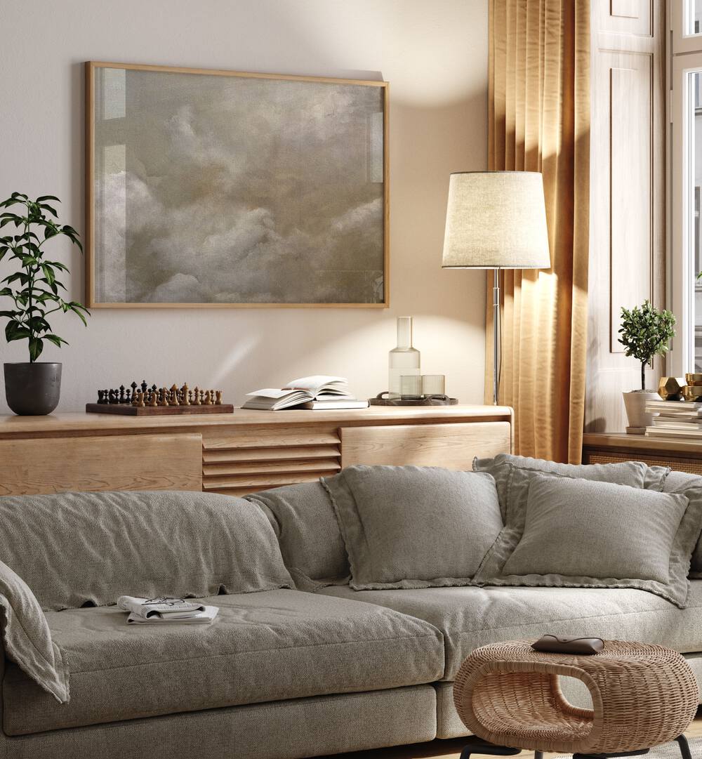 Serene living room featuring CLOUD, ABSTRACT PAINTINGS that evoke tranquility and beauty through soft hues and textures.