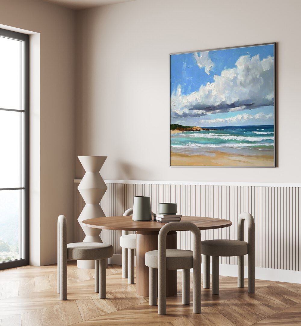 Serene artwork titled CLOUDY DAY AT THE BEACH, enhancing coastal decor with tranquil beach vibes in a modern setting.