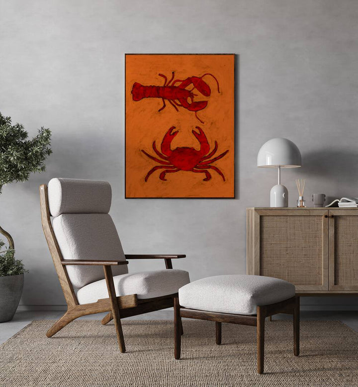 Vibrant COASTAL CREATURES, KITCHEN POSTERS featuring a lobster and crab, perfect for ocean-inspired home decor.