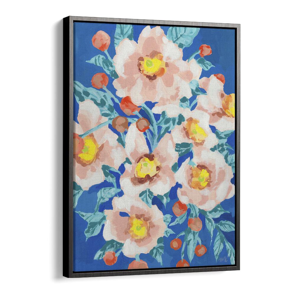 Cobalt Blue With Anemons By Ania Zwara Botanical Flower Paintings Artwork  in Black Floater Frame