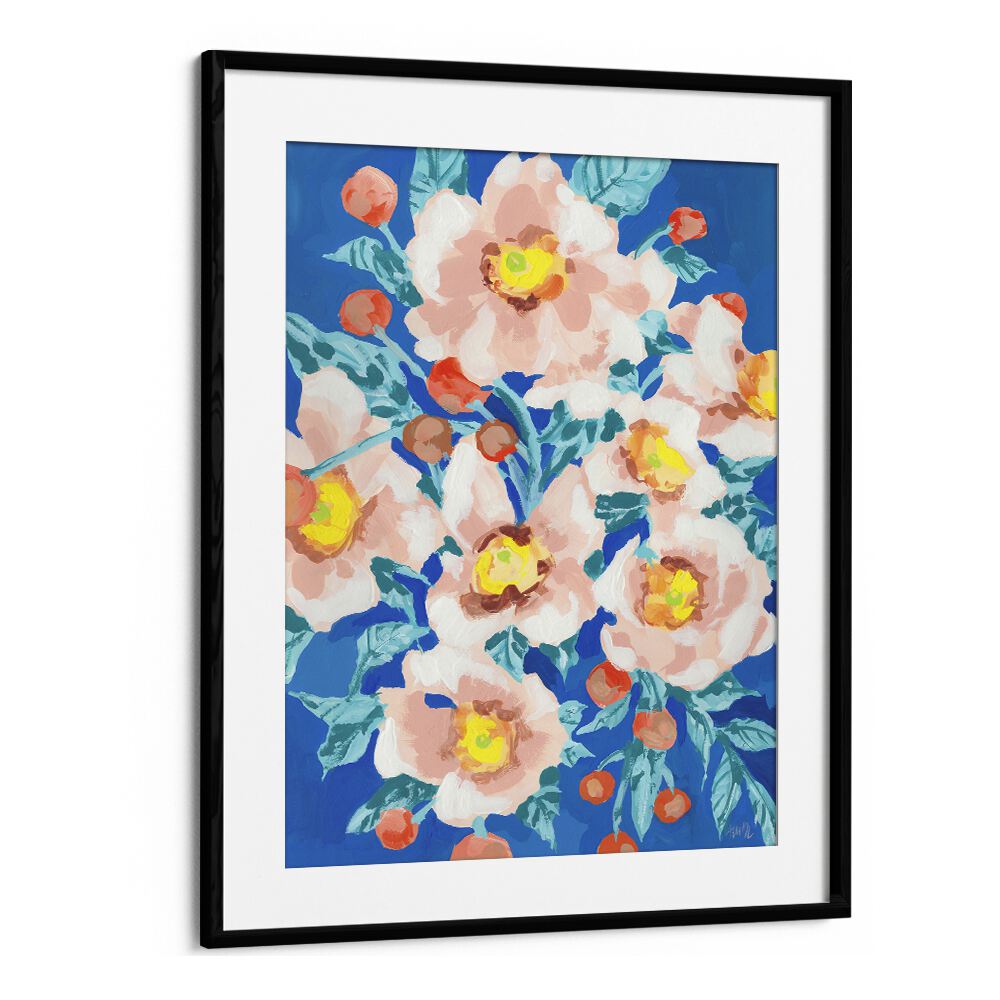 Cobalt Blue With Anemons  By Ania Zwara Botanical Flower Paintings Artwork  in Black Frame With Moun