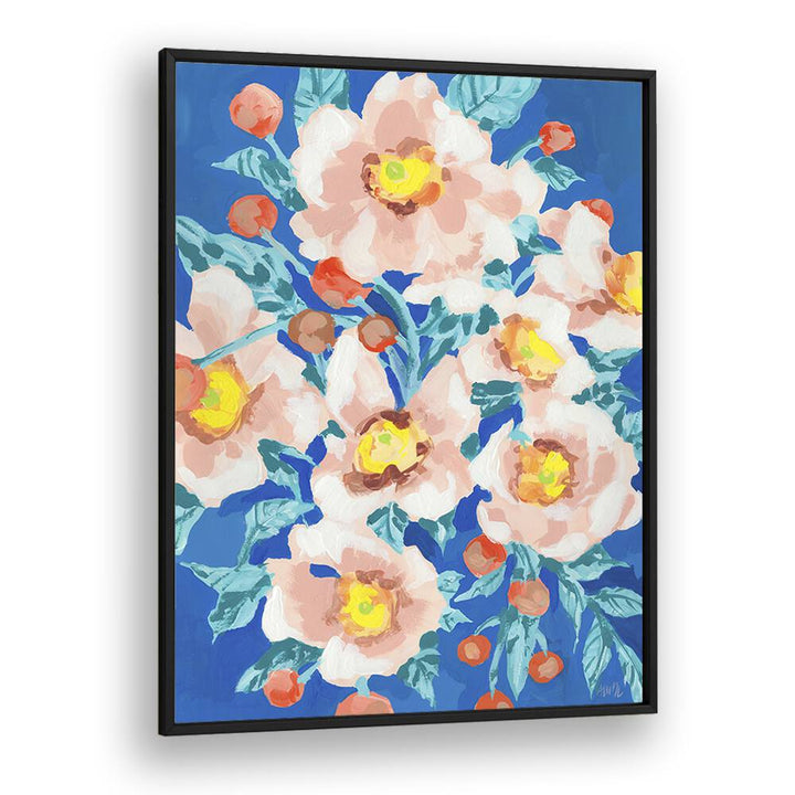 Cobalt Blue With Anemons  By Ania Zwara Botanical Flower Paintings Artwork  in Black Plain Frame