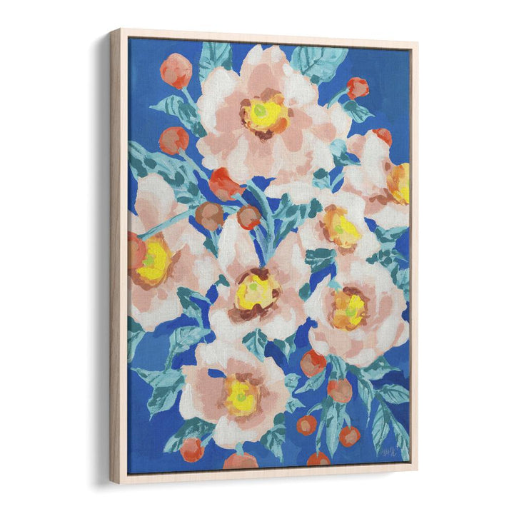 Cobalt Blue With Anemons By Ania Zwara Botanical Flower Paintings Artwork in Oak Wood Floater Frame