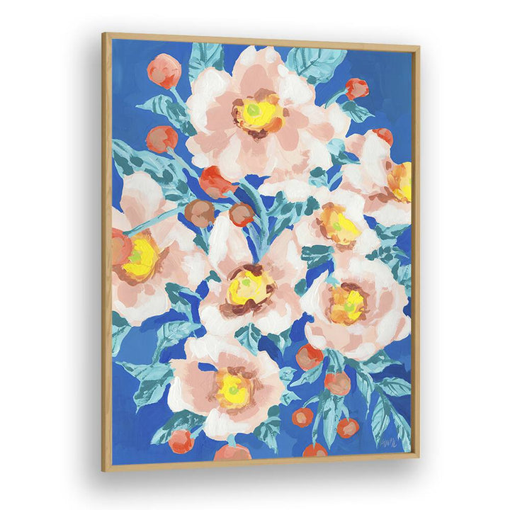 Cobalt Blue With Anemons By Ania Zwara Botanical Flower Paintings Artwork in Oak Wood Plain Frame