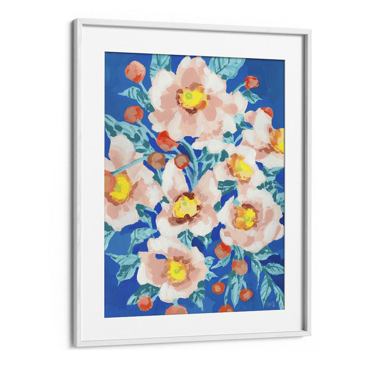 Cobalt Blue With Anemons By Ania Zwara Botanical Flower Paintings Artwork  in White frame With Mount