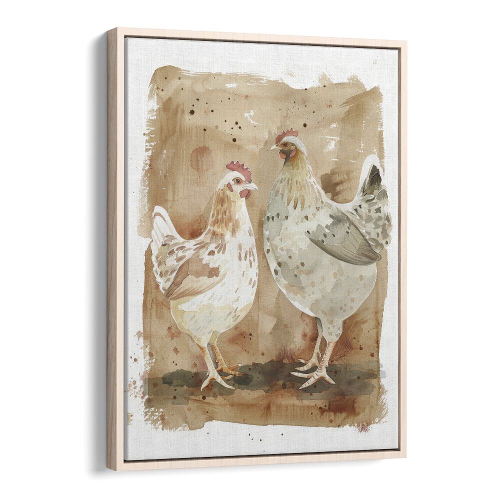 Cock-a-doodle Duo I Kids Art Artwork in Oak Wood Floater Frame
