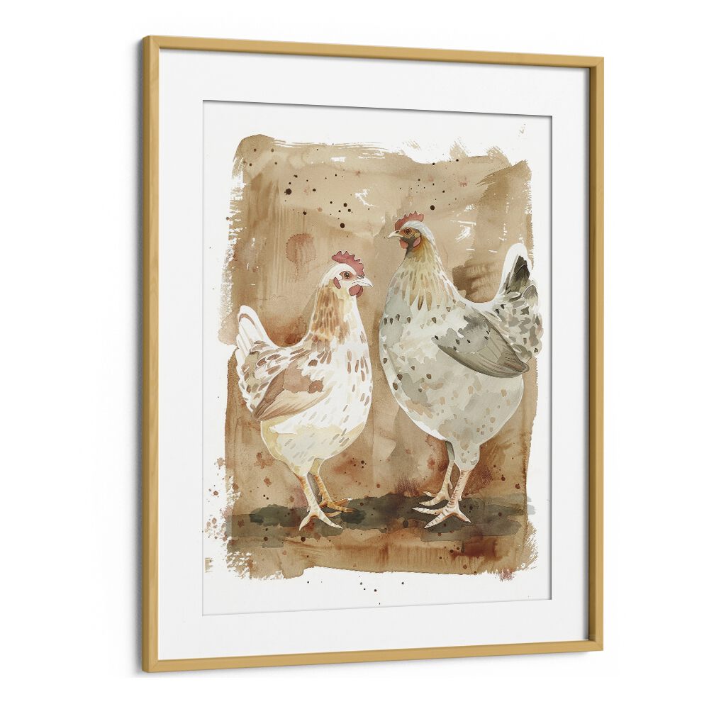 Cock-a-doodle Duo I Kids Art Artwork in Oak Wood Frame With Mount
